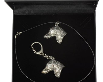 NEW, Saluki, Royal Dog of Egypt, Persian Greyhound, Gazelle Hound, dog keyring and necklace in casket, DELUXE set, limited edition, ArtDog