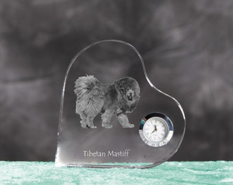 Tibetan Mastiff- crystal clock in the shape of a heart with the image of a pure-bred dog.