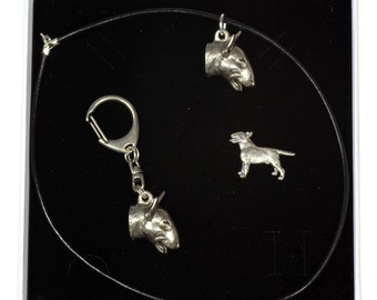 NEW, Bull Terrier, dog keyring, necklace and pin in casket, ELEGANCE set, limited edition, ArtDog . Dog keyring for dog lovers