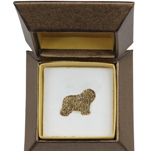 NEW, Polish Lowland Sheepdog, dog pin, in casket, gold plated, limited edition, ArtDog