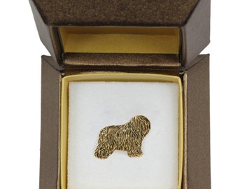 NEW, Polish Lowland Sheepdog, dog pin, in casket, gold plated, limited edition, ArtDog