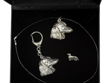 NEW, Teckel Longhaired, dog keyring, necklace and pin in casket, DELUXE set, limited edition, ArtDog . Dog keyring for dog lovers