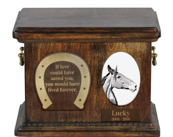 Urn for horse ashes with ceramic plate and sentence - Australian Stock Horse, ART-DOG. Cremation box, Custom urn.