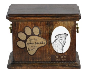 Urn for dog’s ashes with ceramic plate and description - Jagdterrier, ART-DOG Cremation box, Custom urn.