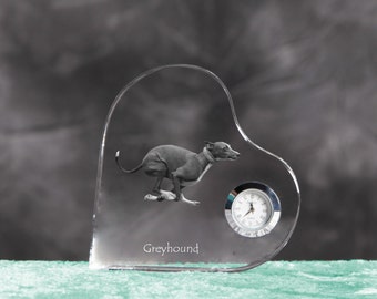 Grey Hound- crystal clock in the shape of a heart with the image of a pure-bred dog.