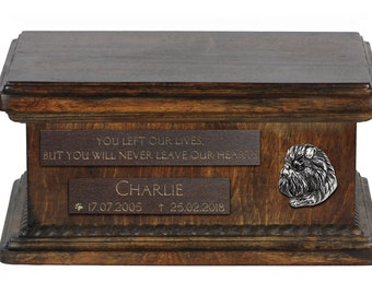 Urn for dog’s ashes with relief and sentence with your dog name and date - Affenpinscher, ART-DOG. Low model. Cremation box, Custom urn.