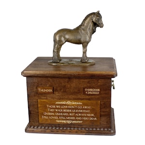 Friese paardenmerrie grote urn voor paardenas, urn met naam, datums en citaat, gedenkteken met standbeeld bovenop, houten urn, aanpasbare urn voor paard