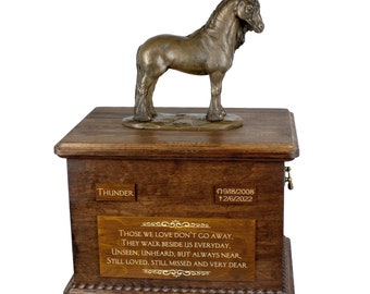 Friesian horse mare Big Urn for Horse Ashes, Urn with Name,Dates and Quote,Memorial with Statue on Top,Wooden Urn,Customizable Urn for horse