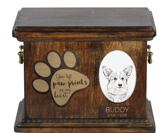 Urn for dog’s ashes with ceramic plate and description - Welsh Corgi, ART-DOG Cremation box, Custom urn.