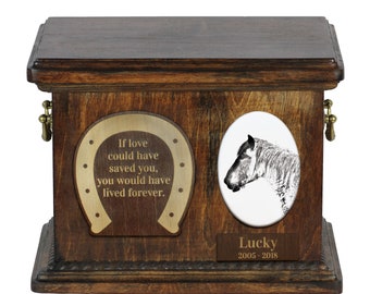 Urn for horse ashes with ceramic plate and sentence - Belgian horse, ART-DOG. Cremation box, Custom urn.