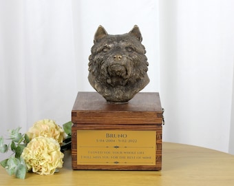 Norwich Terrier urn for dog's ashes, Urn with engraving and sculpture of a dog, Urn with dog statue and engravig, Custom urn for a dog