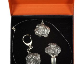 NEW, Grand Basset Griffon Vendeen, dog keyring, necklace and clipring in casket, PRESTIGE set, limited edition, ArtDog