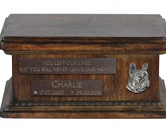 Urn for dog’s ashes with relief and sentence with your dog name and date - French Bulldog, ART-DOG. Low model. Cremation box, Custom urn.