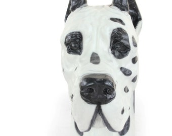 Great Dane, Deutsche Dogge (cropped) with desk and colored, dog big head statue, limited edition, ArtDog