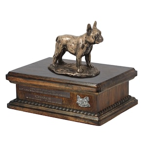 Exclusive Urn for dog ashes with a French Bulldog statue, relief and inscription. ART-DOG. New model. Cremation box, Custom urn.