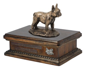 Exclusive Urn for dog ashes with a French Bulldog statue, relief and inscription. ART-DOG. New model. Cremation box, Custom urn.