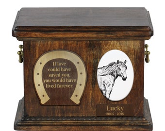 Urn for horse ashes with ceramic plate and sentence - Basque Mountain Horse, ART-DOG. Cremation box, Custom urn.