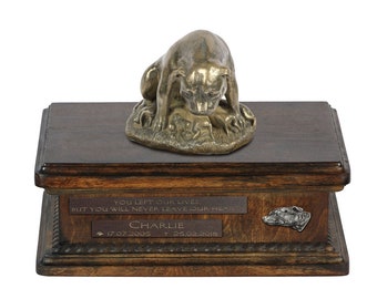 Urn for dog ashes with a Staffordshire Bull Terrier mother statue, relief and inscription. ART-DOG. New model. Cremation box, Custom urn.