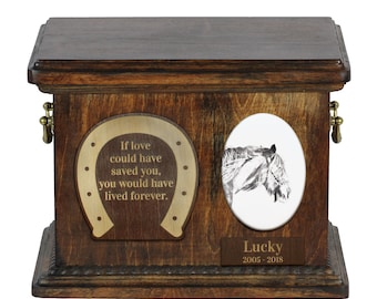 Urn for horse ashes with ceramic plate and sentence - Shire horse, ART-DOG. Cremation box, Custom urn.