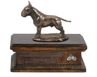 Exclusive Urn for dog ashes with a Bull Terrier statue, relief and inscription. ART-DOG. New model. Cremation box, Custom urn.