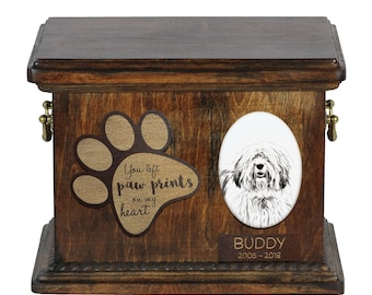 Urn for dog’s ashes with ceramic plate and description - Polish Lowland Sheepdog, ART-DOG Cremation box, Custom urn.
