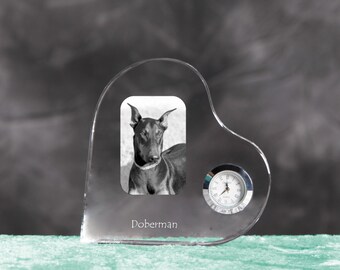 Dobermann- crystal clock in the shape of a heart with the image of a pure-bred dog.