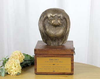 Japanese Chin urn for dog's ashes, Urn with engraving and sculpture of a dog, Urn with dog statue and engraving, Custom urn for a dog
