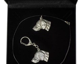 NEW, Weimaraner, Weimaraner Vorstehhund, dog keyring and necklace in casket, DELUXE set, limited edition, ArtDog