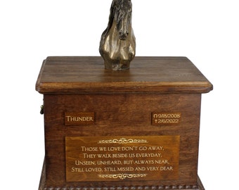 Friesian horse Big Urn for Horse Ashes, Urn with Name, Dates and Quote, Memorial with Statue on Top, Wooden Urn, Customizable Urn for horse