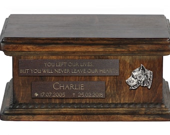 Urn for dog’s ashes with relief and sentence with your dog name and date - Presa Canario, ART-DOG. Low model. Cremation box, Custom urn.
