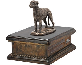 Exclusive Urn for dog ashes with a Irish Wolfhound statue, relief and inscription. ART-DOG. New model. Cremation box, Custom urn.