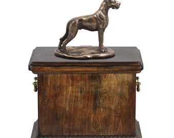 Urn for dog’s ashes with a Great Dane cropped statue, ART-DOG Cremation box, Custom urn.