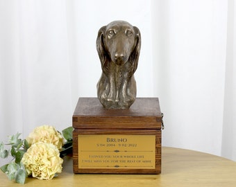 Saluki urn for dog's ashes, Urn with engraving and sculpture of a dog, Urn with dog statue and engraving, Custom urn for a dog