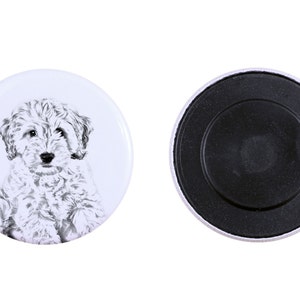 May include: A round white magnet featuring a detailed black and white illustration of a fluffy puppy. The puppy has curly fur and a sweet expression. The back of the magnet is black.