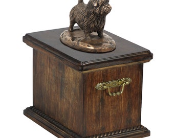 Urn for dog’s ashes with a Norfolk Terrier statue, ART-DOG Cremation box, Custom urn.