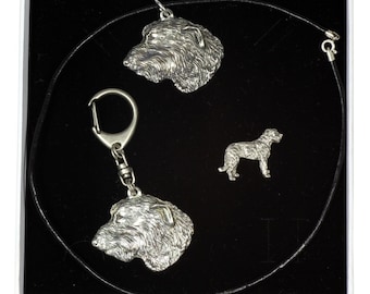 NEW, Irish Wolfhound, dog keyring, necklace and pin in casket, ELEGANCE set, limited edition, ArtDog . Dog keyring for dog lovers