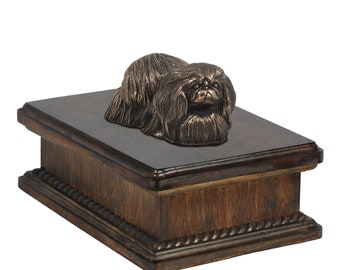 Exclusive Urn for dog’s ashes with a Pekingese statue, ART-DOG. New model Cremation box, Custom urn.