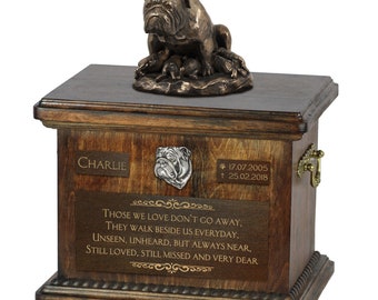 English Bulldog mother - Exclusive Urn for dog ashes with a statue, relief and inscription. ART-DOG. Cremation box, Custom urn.