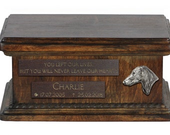 Urn for dog’s ashes with relief and sentence with your dog name and date - Saluki, ART-DOG. Low model. Cremation box, Custom urn.