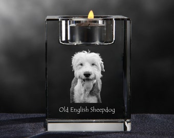 Old english sheepdog  crystal candlestick with dog, souvenir, decoration, limited edition, Collection