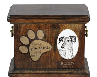 Urn for dog’s ashes with ceramic plate and description - Sloughi, ART-DOG Cremation box, Custom urn.