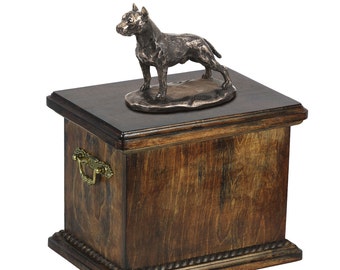 Urn for dog’s ashes with a American Staffordshire Terrier statue, ART-DOG Cremation box, Custom urn.