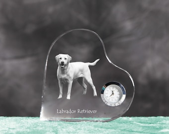 Labrador Retriever- crystal clock in the shape of a heart with the image of a pure-bred dog.