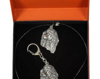 NEW, Afghan Hound, Ogar Afgan, Tazhi Spay, dog keyring and necklace in casket, PRESTIGE set, limited edition, ArtDog