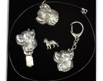 NEW, Cane Corso, dog keyring, necklace, pin and clipring in casket, ELEGANCE set, limited edition, ArtDog . Dog keyring for dog lovers