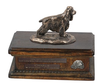 Exclusive Urn for dog ashes with a English Cocker Spaniel statue, relief and inscription. ART-DOG. New model. Cremation box, Custom urn.