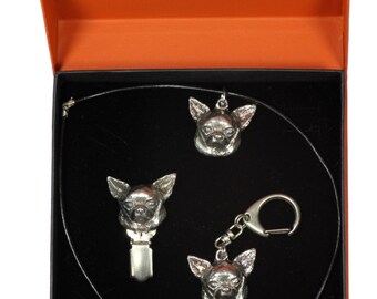 NEW, Chihuahua Smoothhaired, dog keyring, necklace and clipring in casket, PRESTIGE set, limited edition, ArtDog
