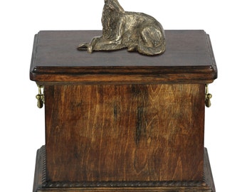 Urn for dog’s ashes with a Borzoi lying statue, ART-DOG Cremation box, Custom urn.