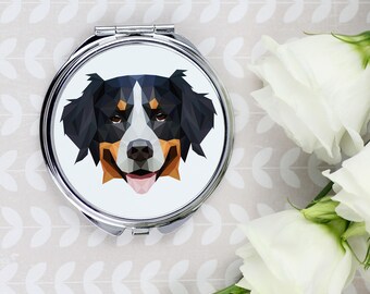 A pocket mirror with a Bernese Mountain Dog dog. A new collection with the geometric dog