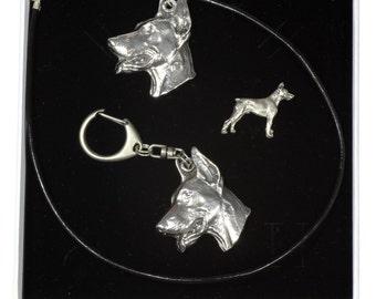 NEW, Dobermann, dog keyring, necklace and pin in casket, ELEGANCE set, limited edition, ArtDog . Dog keyring for dog lovers